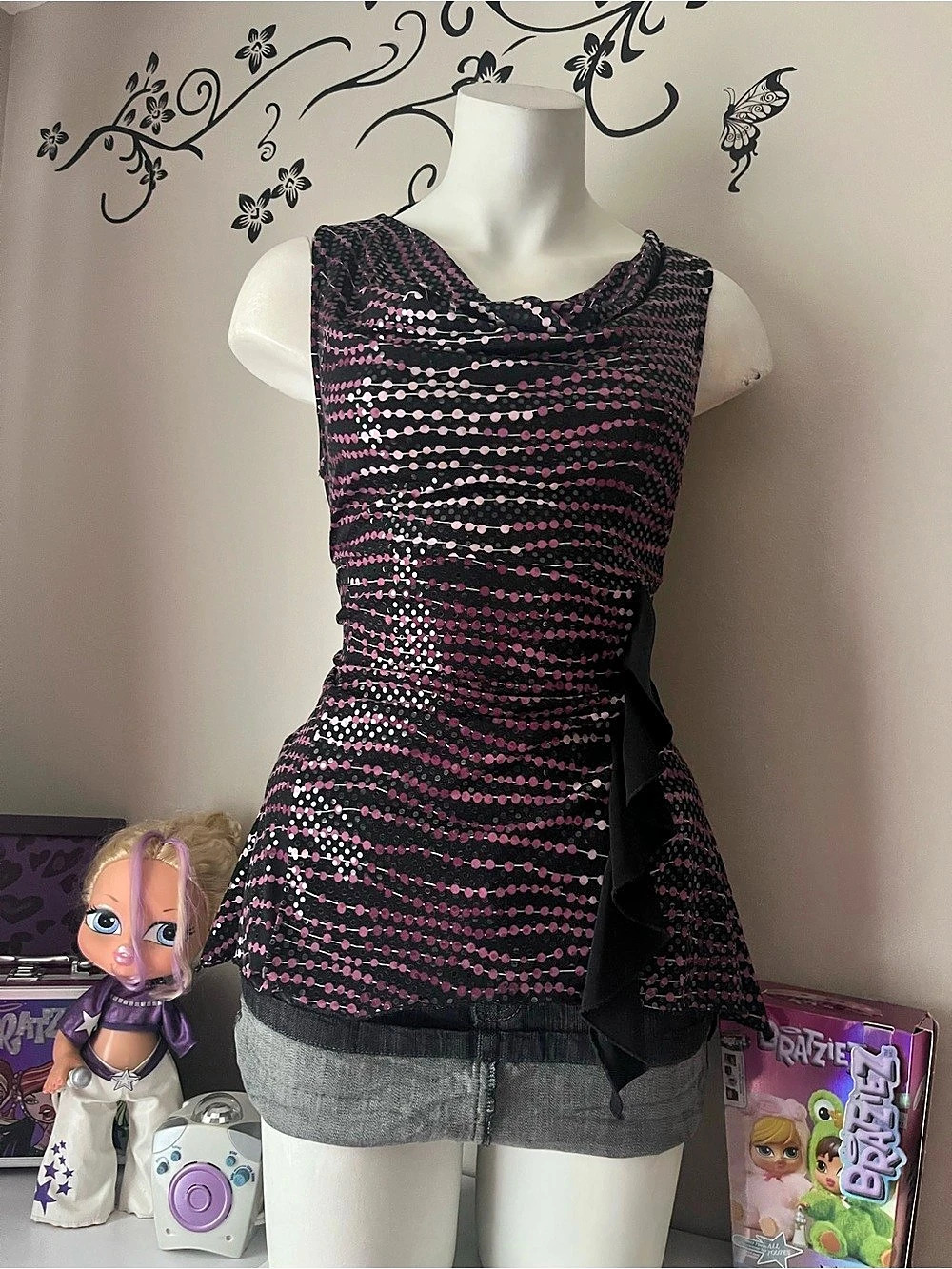 marie claire Sequin Ruffle Tunic in Black & Pink Like New